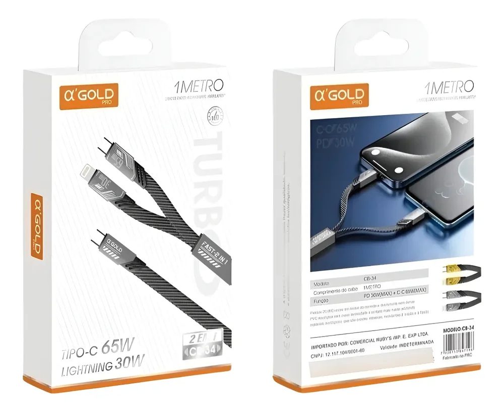 Cabo Tipo-C p/ Lightining 30w e Tipo-C 65w - Cb-34 - A'Gold