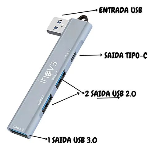 Hub 3 portas USB e 1 porta Tipo-C - ZJT-12667 - Inova